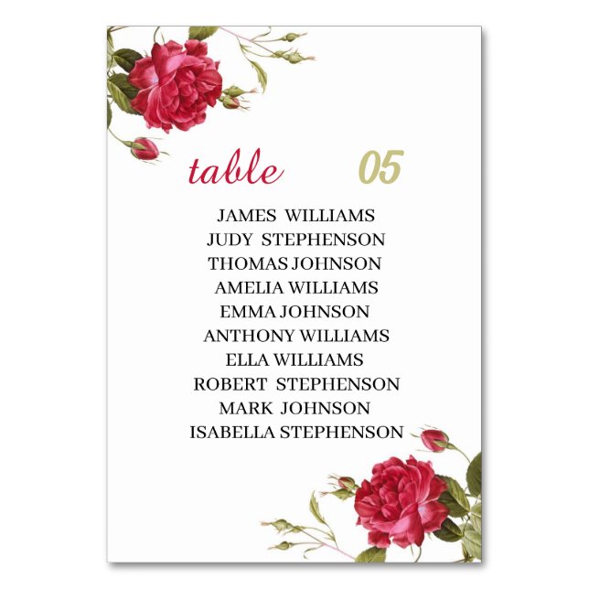 Numeração De Mesa Casamento Personalizado da Flor Vermelha Elegante (Frente)