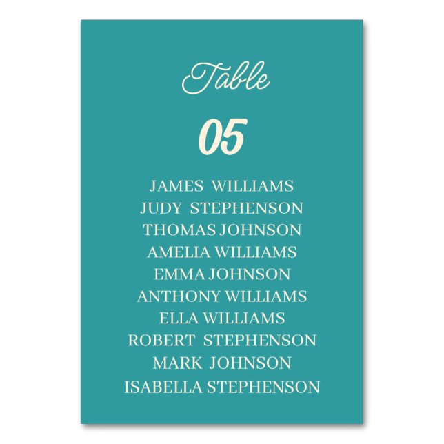 Numeração De Mesa Casamento Personalizado do Teal (Frente)