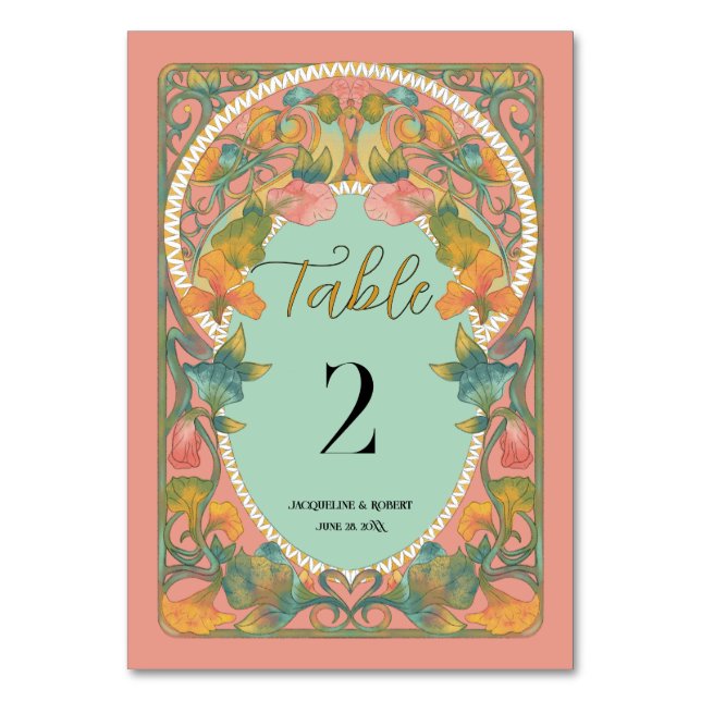 Numeração De Mesa Casamento Pink Watercolor Art Nouveau (Frente)