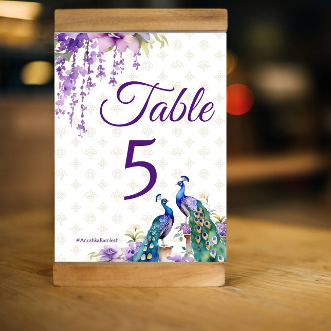 Numeração De Mesa Casamento púrpura da Índia (Peacock purple wisteria  flowers Indian wedding Table Number card )