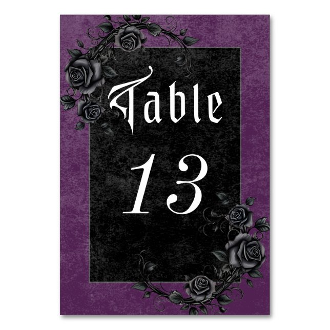 Numeração De Mesa Casamento Raven Preto Gótico e Rosas Roxo (Frente)