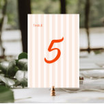 Numeração De Mesa Casamento Retro-Strike Peach e Tangerine<br><div class="desc">Apresentando nossos sofisticados números de pessegueiras e mesas de casamento tangerinas, projetados para adicionar um toque de encanto retrô ao seu dia especial. As listras de pêssego moles servem como um belo pano de fundo, complementado pela vibrante caligrafia retórica tangerina que acrescenta um pop de cor e sofisticação. Estes números...</div>