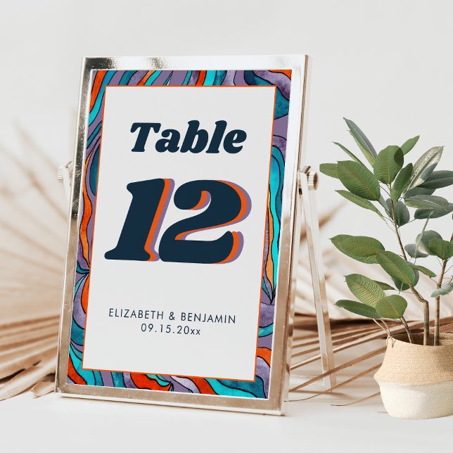 Numeração De Mesa Casamento Roxo-Laranja Moderno, Onda Laranja, Retr (Front and Back)