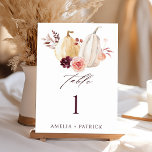Numeração De Mesa Casamento Russo de outono de Abóbora<br><div class="desc">Este número da mesa de núpcias apresenta branco de aquarela e abóboras amarelas adornadas com burgundy,  maroon e flores cor-de-rosa pinceladas sobre as folhas do outono. Para uma personalização mais avançada deste design,  clique no BOTÃO FERRAMENTA DESIGN AZUL acima</div>