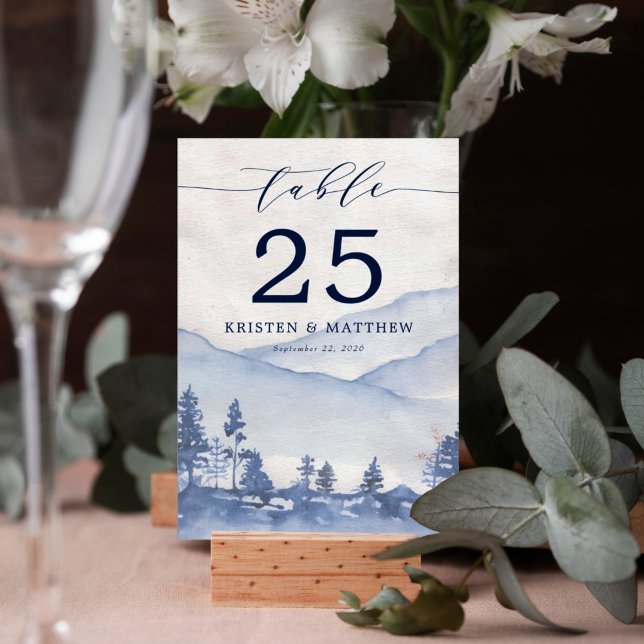 Numeração De Mesa Casamento Rustic Blue Watercolor Mountain (True romance blossoms on your special day with our Blue Mountain Watercolor Wedding Table Numbers.)