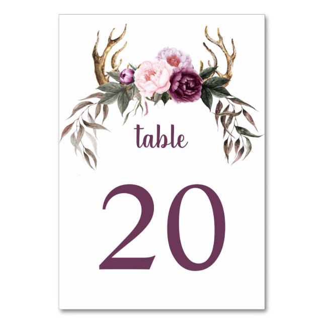 Numeração De Mesa Casamento Rustic Boho Purple Plum Peonies Antlers (Frente)
