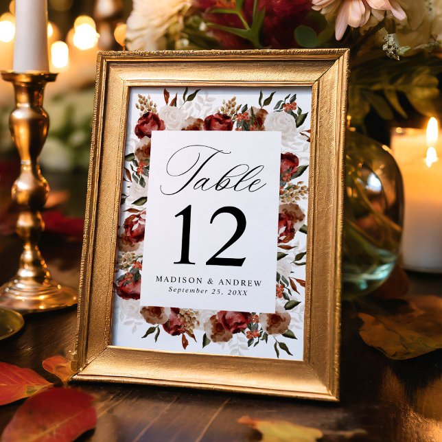 Numeração De Mesa Casamento Rustic Burgundy e Ivory Rosas (Criador carregado)