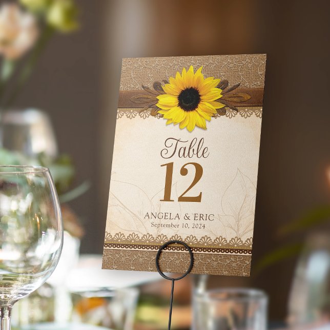 Numeração De Mesa Casamento Rustic Burlap Lace Wood Sunflower (Rustic sunflower burlap lace wood wedding table card number)