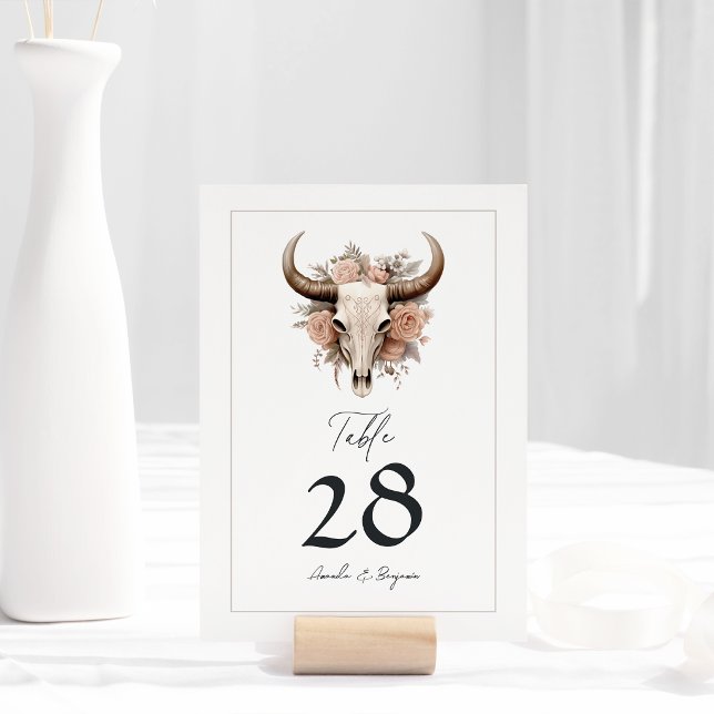 Numeração De Mesa Casamento Rustic Floral Cow Skull (Rustic Floral Cow Skull Wedding Table Number)