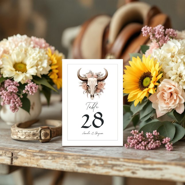 Numeração De Mesa Casamento Rustic Floral Cow Skull (Rustic Floral Cow Skull Wedding Table Number)