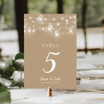 Numeração De Mesa Casamento Rustic String Luz Dupla Face<br><div class="desc">Cartões de números de tabela de casamento impressos com um modelo DIY simples para personalização. Este design de chic rústico apresenta cadeias de luzes brilhantes de cordas e frascos de pedras em um fundo falso de papel kraft. Personalize cada número de tabela de que você precisa e adicione cada um...</div>