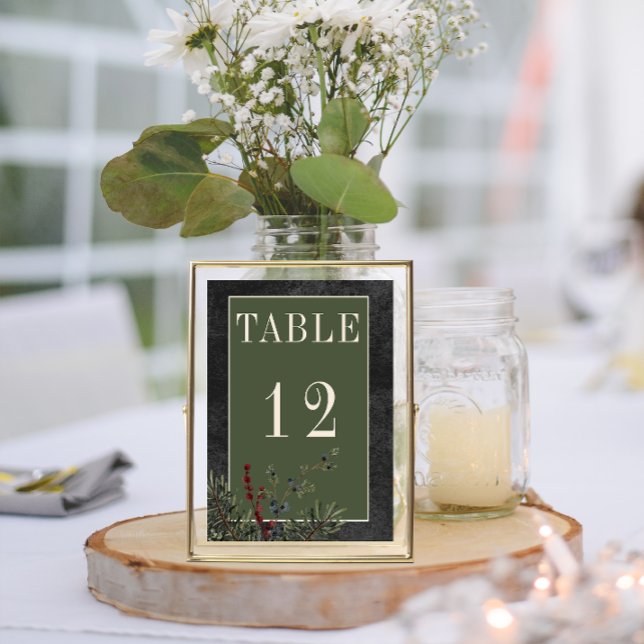 Numeração De Mesa Casamento Rustic Winter Berries & Pine Black (Rustic winter Berries & Pine Black Wedding Table Numbers)