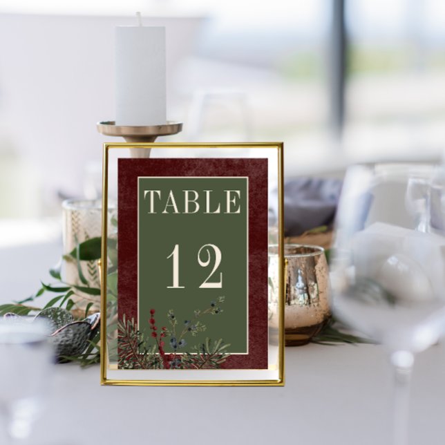 Numeração De Mesa Casamento Rustic Winter Berries & Pine Burgundy (Rustic Winter Berries & Pine Burgundy Wedding Table Number)