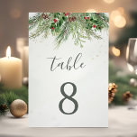 Numeração De Mesa Casamento Rustic Winter Berries Pine Cone Greenery<br><div class="desc">Linda mesa de casamento com ilustrações botânicas pintadas à mão de cor de água de verde-inverno,  pinheiro e ramificações de água,  cones e groselhas. Escolha perfeita para casamentos temáticos de inverno ou Natal.</div>
