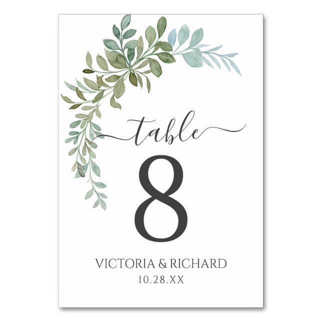 Numeração De Mesa Casamento Rústico Aquarela Eucalipto Verde Suave (Frente)