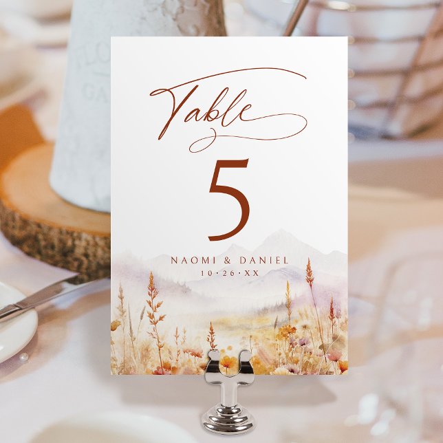 Numeração De Mesa Casamento Rústico de Montanha com Flor Silvestre e (Fall Watercolor Wildflower Mountain Rustic Wedding Table Number)