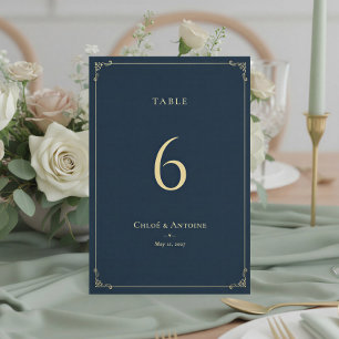 Numeração De Mesa Casamento Rústico Francês em Azul Marinho e Dourad