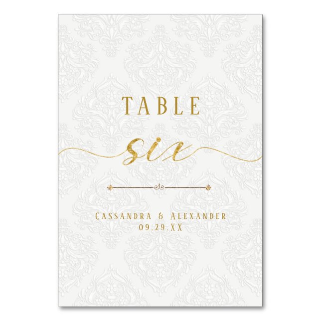 Numeração De Mesa Casamento Seis 6 Dourado Lace Script Elegante (Frente)