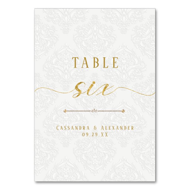 Numeração De Mesa Casamento Seis 6 Dourado Renda Branca Letra Elegan (Frente)