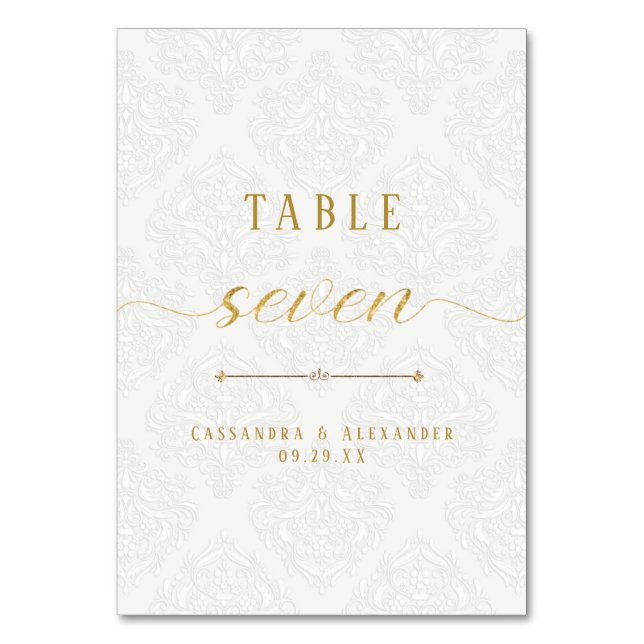 Numeração De Mesa Casamento Sete 7 Dourado Renda Branca Letra Elegan (Frente)