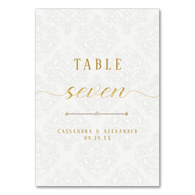 Numeração De Mesa Casamento Sete 7 Dourado Renda Branco Script Elega (Frente)