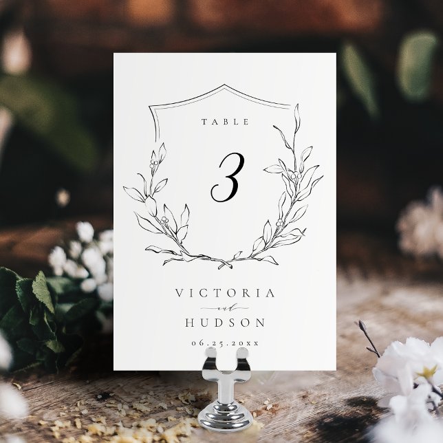 Numeração De Mesa Casamento simples da crista botânica monograma (Simple elegance botanical crest monogram wedding table number)