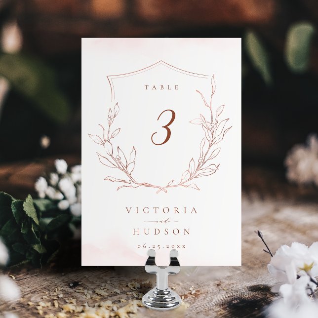 Numeração De Mesa casamento simples da crista botânica monograma de  (Rose gold simple botanical crest monogram wedding table number)