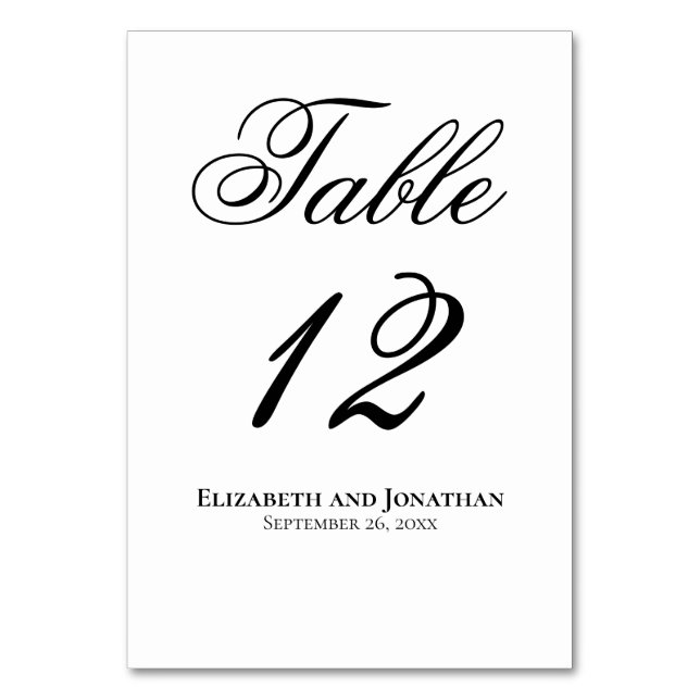Numeração De Mesa Casamento Simples de Script Preto e Branco Elegant (Frente)
