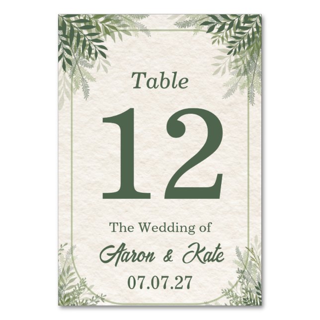 Numeração De Mesa Casamento Simples Folhas Verdes Bege (Frente)