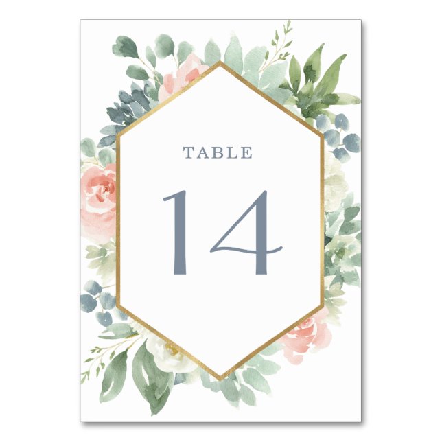 Numeração De Mesa Casamento Suculente de Jardim Floral de Blush Azul (Frente)