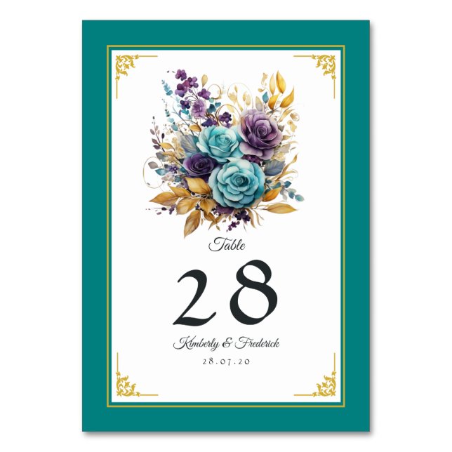 Numeração De Mesa Casamento Teal, Roxo e Dourado Floral (Frente)