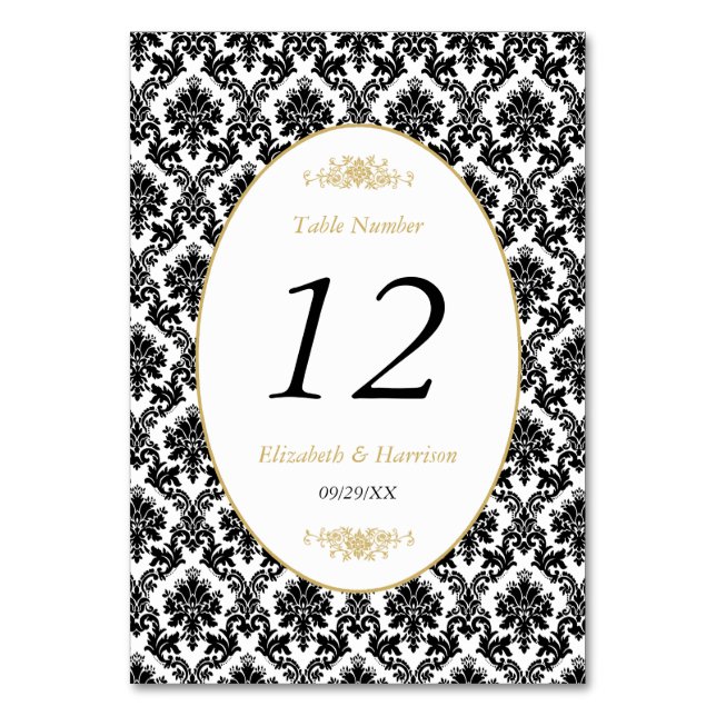 Numeração De Mesa Casamento tema damasco Dourado preto e branco da V (Frente)
