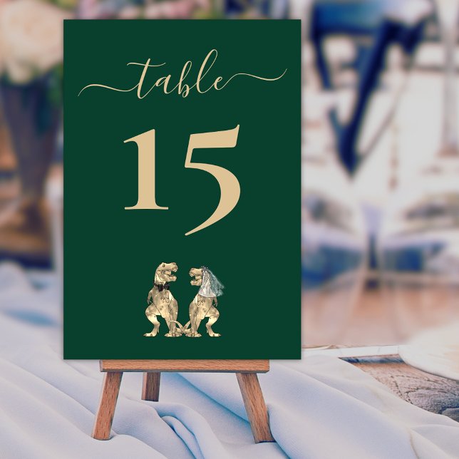 Numeração De Mesa Casamento tema Dinossauro Verde (Dinosaur theme wedding dark green custom Table number card elegant script T-Rex bride & groom)