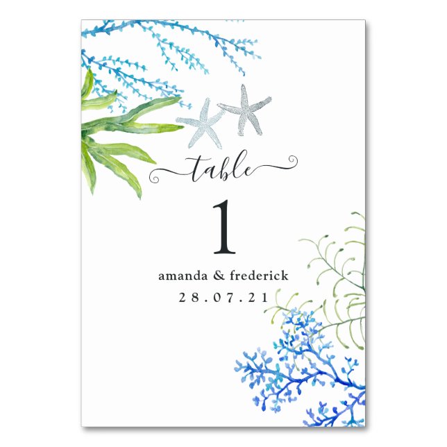 Numeração De Mesa Casamento Temático de Praia com Algas Marinhas em  (Frente)