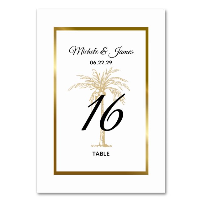 Numeração De Mesa Casamento Tropical de Palmeira Dourada Elegante (Frente)