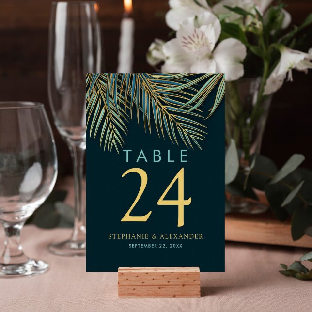 Numeração De Mesa Casamento Tropical Dourado de Palma de Praia Moder (Modern teal palm frond tropical table number for your reception decor features minimalistic design.)