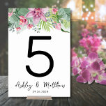 Numeração De Mesa Casamento Tropical Floral Moderno Elegante<br><div class="desc">Número da Mesa de Casamento Tropical de Palm Floral, Elegante de Praia Moderna. Com sotaques botânicos cor-de-rosa e verde contrastados por letras pretas e brancas. Um design tropical que abraça a beleza tranquila da natureza misturada com uma aresta lúdica que certamente o ajudará a se divertir. Uma mistura de folhas...</div>
