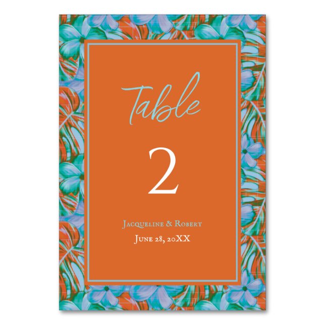 Numeração De Mesa Casamento Tropical Laranja e Azul Floral (Frente)