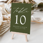 Numeração De Mesa Casamento Verde Oleícola Moderno Elegante<br><div class="desc">Trendy, cartões minimalistas de números das mesas de casamento com cartas brancas modernas com "Mesa" em um roteiro de caligrafia moderno. A design apresenta um fundo verde-oliva ou cor de sua escolha. O design repete atrás. Para solicitar os cartões de mesa: adicione seu nome, data do casamento e número da...</div>