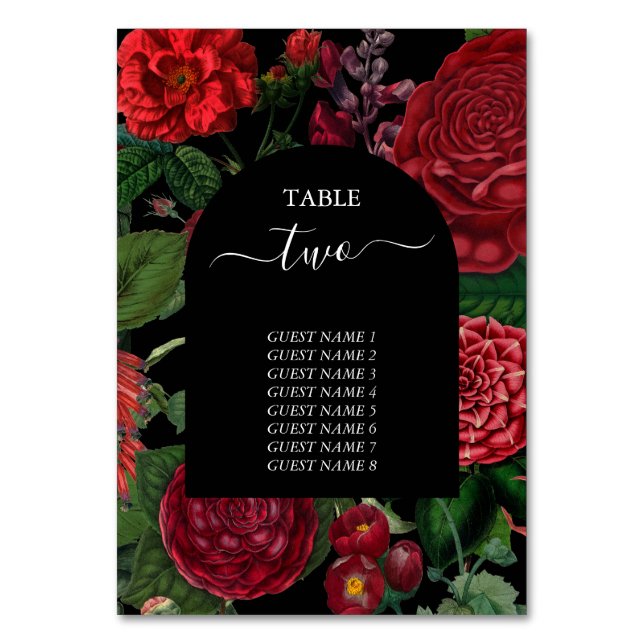 Numeração De Mesa Casamento Vermelho de Moody Florals Black Arch (Frente)