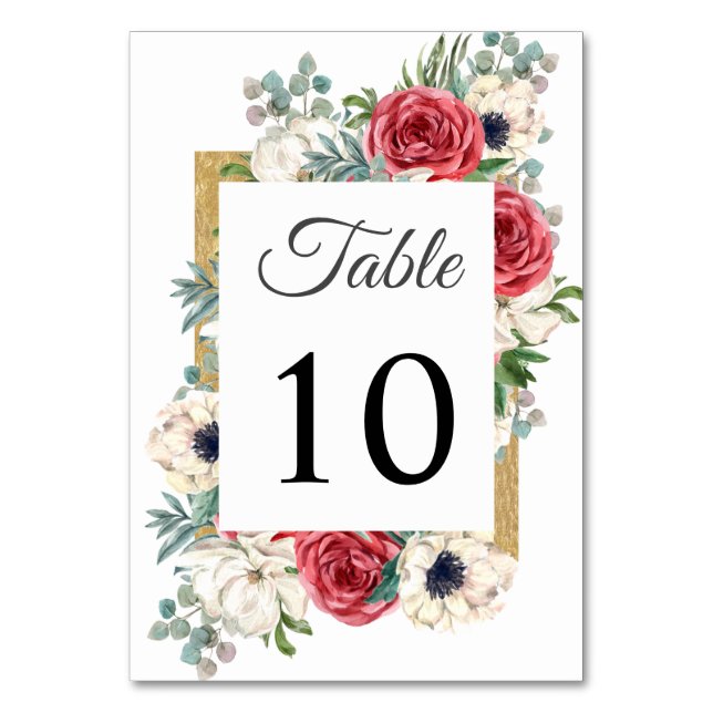 Numeração De Mesa Casamento Vermelho Elegante Russo e Branco Floral  (Frente)