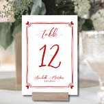 Numeração De Mesa Casamento Vermelho Whimsical Desenhado à Mão<br><div class="desc">Elegante Desenhou O Número Da Mesa De Casamento Whimsical. Esta adorável placa de números de tabela apresenta um quadro sutil desenhado à mão com corações pretos em cada canto, criando um design divertido, mas elegante, que rodeia gentilmente o número da mesa. A combinação de scripts e fontes de estilo manuscrito...</div>