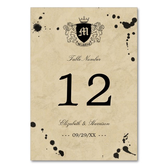 Numeração De Mesa Casamento Vintage Monogramas & Tinta Mancha (Frente)