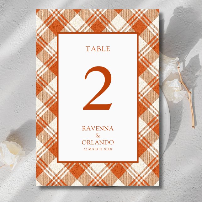Numeração De Mesa Casamento Xadrez Gingham Laranja Rústico Silenciad (Criador carregado)