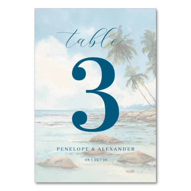 Numeração De Mesa Cena de Praia Calma em Azul Turquesa (Frente)