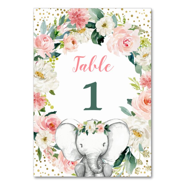 Numeração De Mesa Chá de fraldas de Elefante Floral Rosa (Frente)