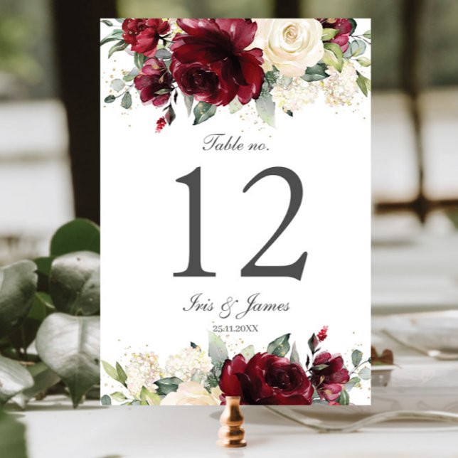 Numeração De Mesa Chá de panela Rustic Burgundy Ivory Floral (elegant rustic burgundy ivory white floral wedding bridal shower table number cards signs)