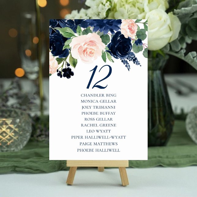Numeração De Mesa Chic Blooms | Marinho e Blush Floral Guest Names (Criador carregado)