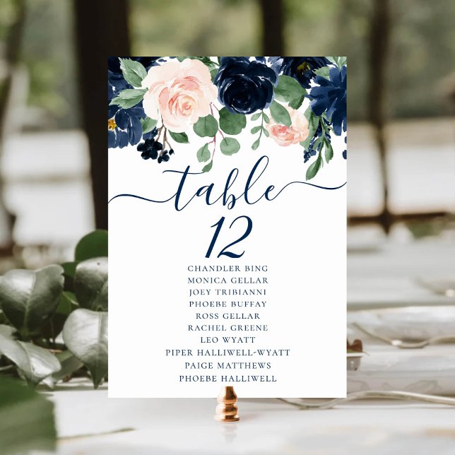Numeração De Mesa Chic Blooms | Marinho e Blush Floral Guest Names (Criador carregado)