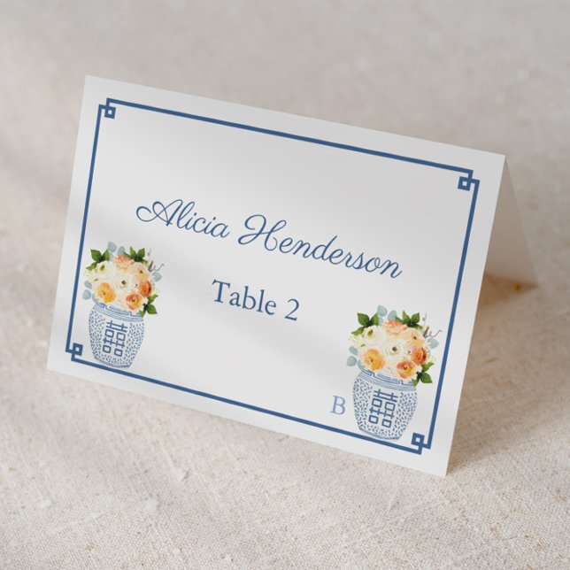 Numeração De Mesa Chinoiserie Chic Flowers Casamento Placa (Blue and white ginger jars with fall flowers individual place cards)